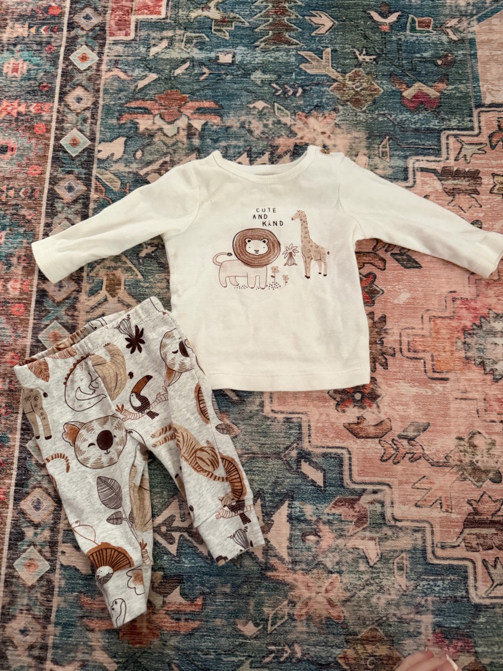 Cute Safari Baby Set - Cream Top & Gray Animal Pants